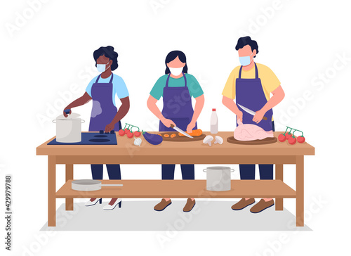 Man and women in face mask during cooking class flat color vector faceless character. Culinary course during pandemic isolated cartoon illustration for web graphic design and animation