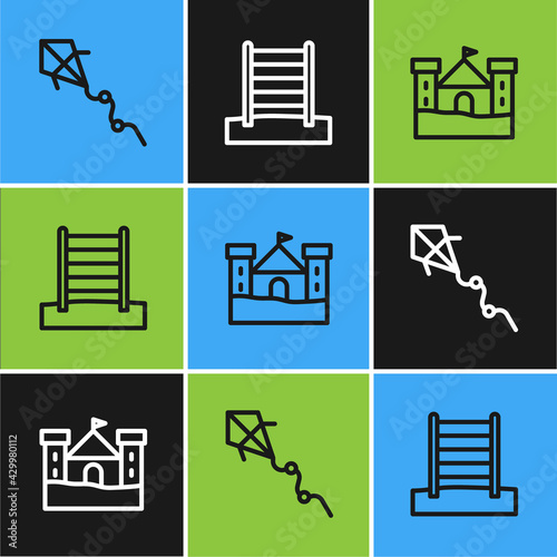 Set line Kite, Sand castle and Swedish wall icon. Vector