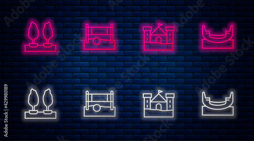 Set line Volleyball net with ball, Sand castle, Forest and Boat swing. Glowing neon icon on brick wall. Vector