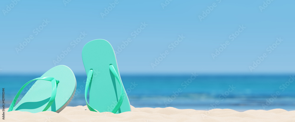 Summer beach concept, flip-flops on on sand, sea and sky background. 3d rendering - obrazy, fototapety, plakaty 