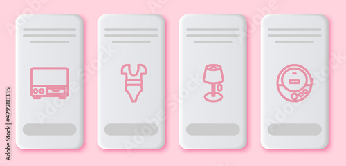 Set line Old video cassette player, Swimsuit, Floor lamp and Music CD. White rectangle button. Vector