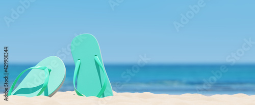 Photography Summer beach concept, flip-flops on on sand, sea and sky background
