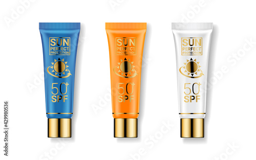 Sun Protection Cosmetic Cream SPF Template Set Summer Protect and Care for Skin. Vector illustration.