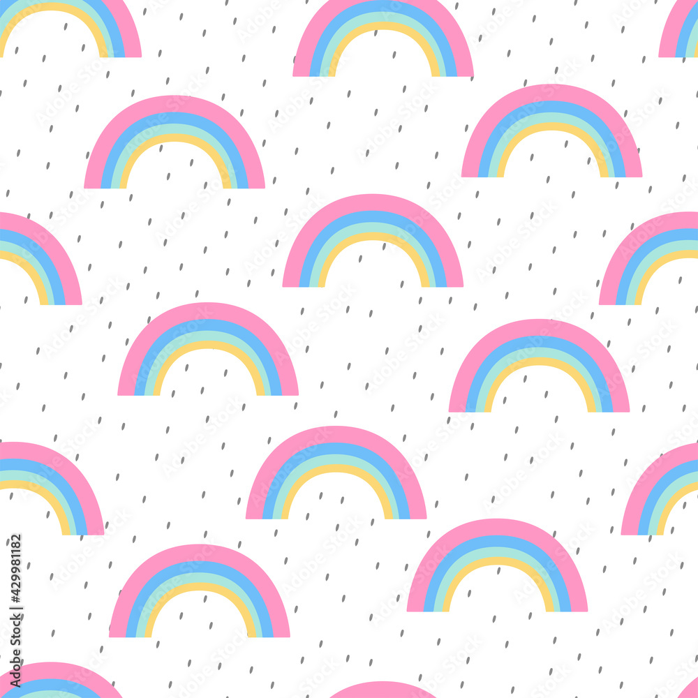 Vector seamless kids pattern with rainbow and rain on a white background. Fabric textile print