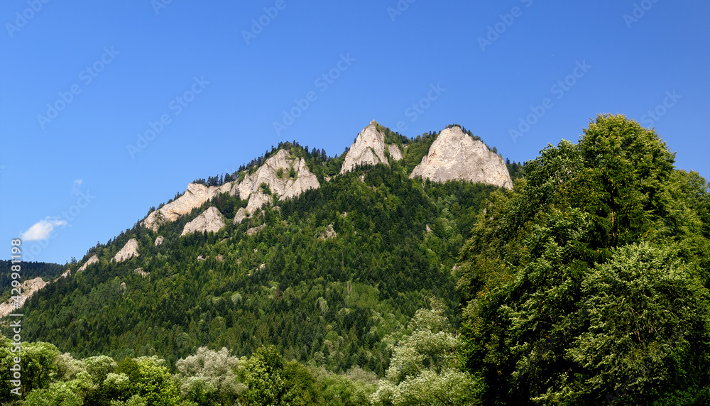 View to Three Crowns peak in Pieniny National Park in Slovakia on a clear blue sky background View to Three Crowns peak in Pieniny National Park in Slovakia on a clear blue sky background