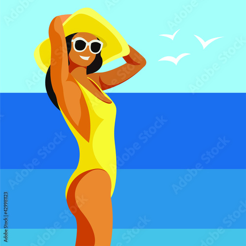 vector flat design trendy illustration on the theme of summer holidays.a tanned young smiling girl in a yellow swimsuit, sunglasses and a hat stands on a beach against the backdrop of the sea or ocean
