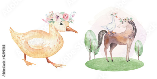 Farms animal isolated set. Cute domestic farm pets watercolor illustration. horse and goose cartoon drawing. © kris_art