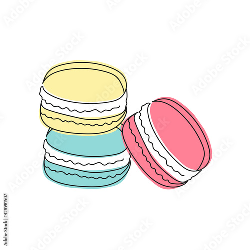 Continuous one line of dessert macarons in silhouette . Minimal style. Perfect for cards, party invitations, posters, stickers, clothing. Black abstract icon. Sweet food concept