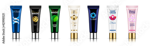 Cosmetic scrub bottles and smears set. Tube package design Realistic 3d vector illustration. Beauty cosmetics peeling product for face care with cream or gel brush strokes isolated white background.