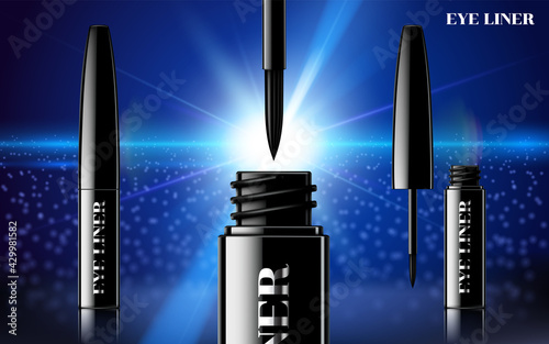 Glamour eyeliner ads, curling blank streamline and product package 3d poster illustration