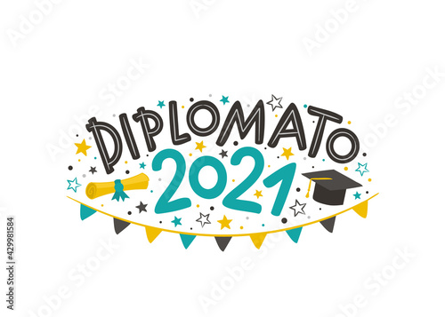 Italian Doodle Logo for the 2021 graduate with a masters cap  rolled scroll  flags and stars. Vector illustration for badge or emblem. Isolated on white background