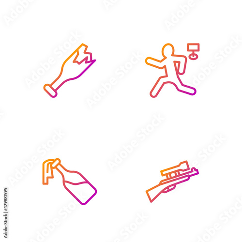 Set line Sniper rifle with scope, Cocktail molotov, Broken bottle as weapon and Murder. Gradient color icons. Vector