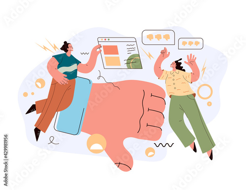 Users haters people character pushing dislike button. Social media negative rate feedback dislike finger down concept. Vector flat graphic design cartoon midern style illustration
