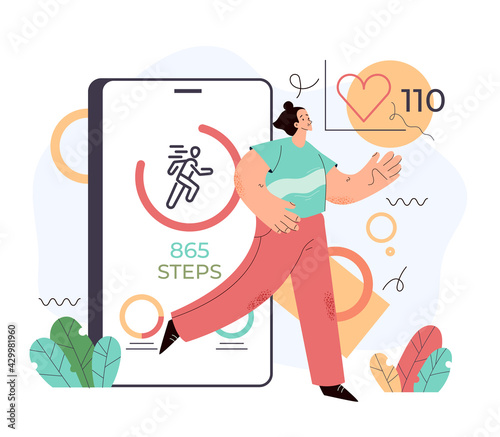 Sport man using phone for counting steps. Step mobile phone app counter pedometer activity heart rate monitoring. Vector flat graphic design cartoon midern style illustration
