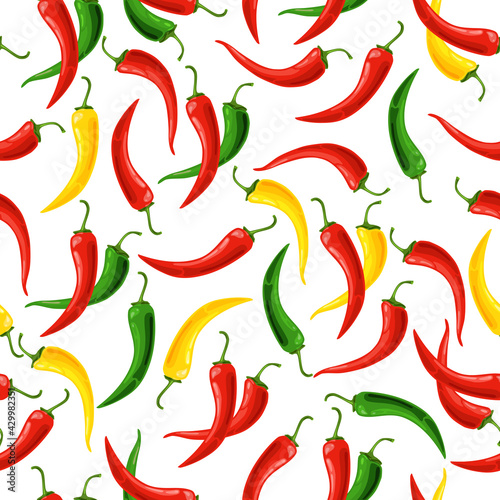 Seamless pattern of red, yellow and green chili peppers on a white background. Vector background.