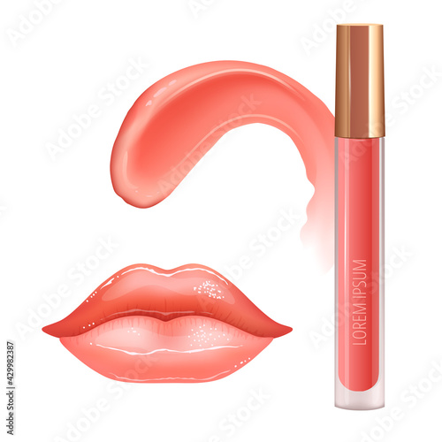 Make-up set for lips with realistic creme smear, realistic glossy shining lips and liquid lipstick.
