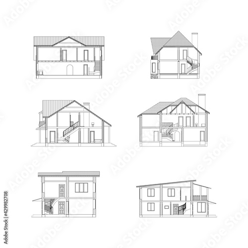 Best interesting architectural vector blueprints. Set of cross-sections suburban houses isolated on white background.