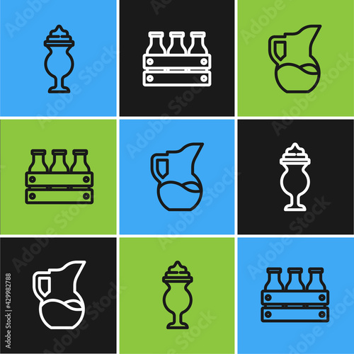 Set line Milkshake, jug or pitcher and Bottled milk in wooden box icon. Vector