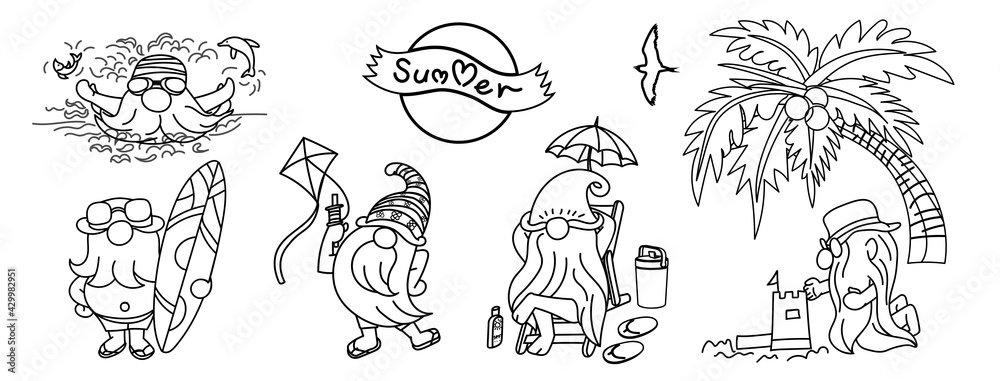 Drawing of gnomes with many activities for summer.