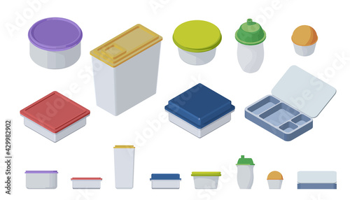 Plastic containers isolated on white background. Isometric view  and front view .
