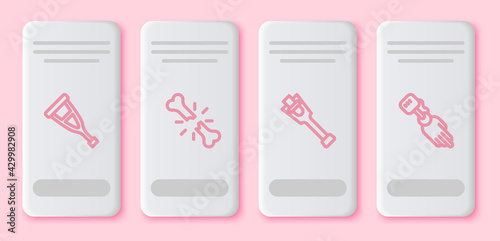 Set line Crutch or crutches, Human broken bone, Prosthesis leg and hand. White rectangle button. Vector