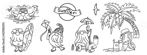 Drawing of gnomes with many activities for summer.