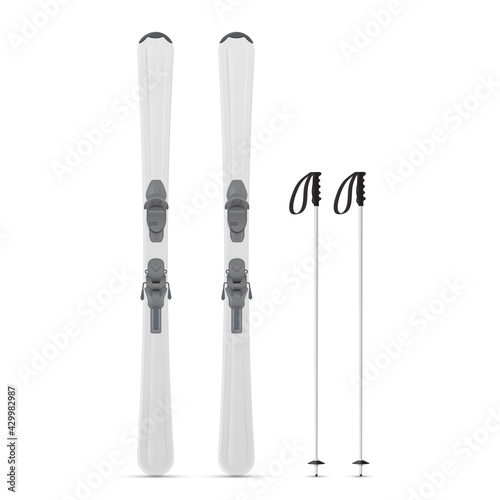 Realistic gray alpine skiing and poles vector illustration mountaineering ski sports equipment