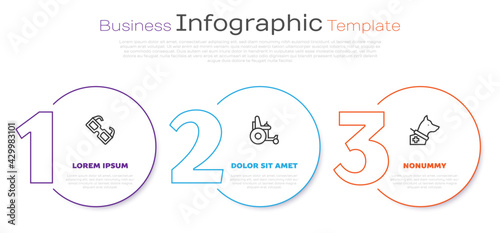 Set line Eyeglasses, Electric wheelchair and Guide dog. Business infographic template. Vector