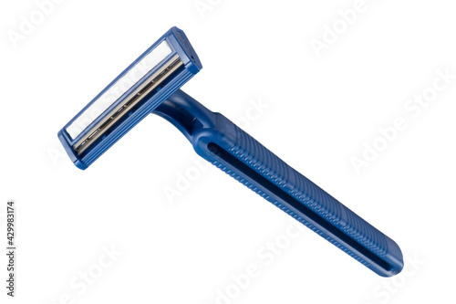 Blue disposable razor blade isolated on white background. Single use razor blade. Disposable shaving razor.