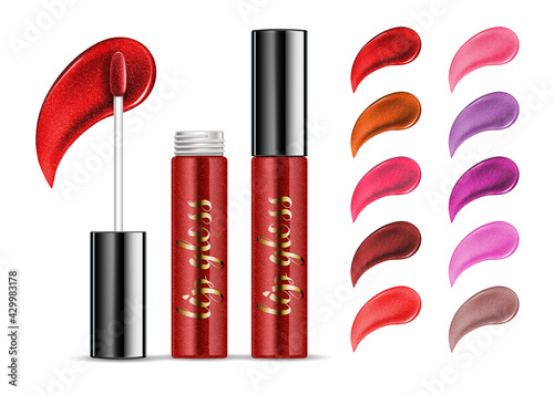 Opened red lip gloss tube. isolated on white. Vector illustration.