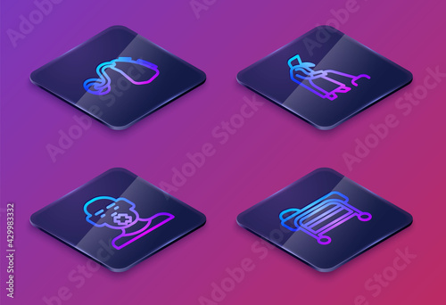 Set Isometric line Hearing aid, Head of deaf and dumb, Grandmother and Stretcher. Blue square button. Vector