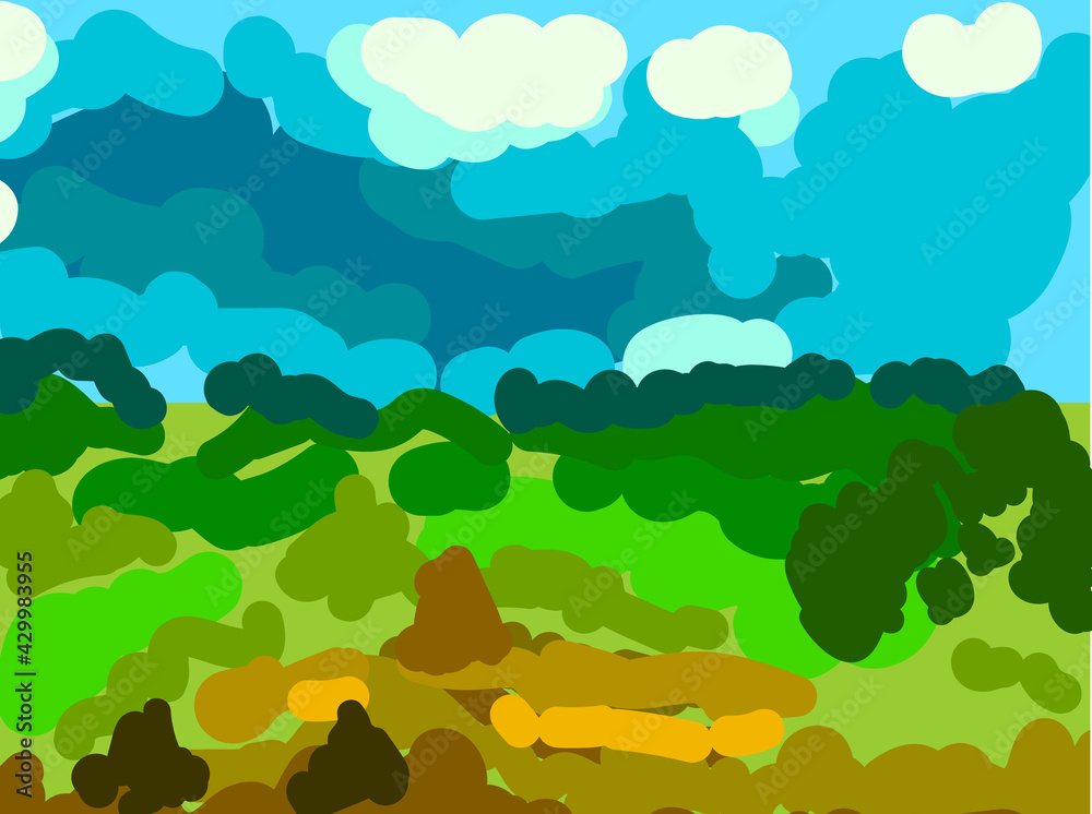 Obraz premium Sloppy abstract summer landscape with green field and blue sky