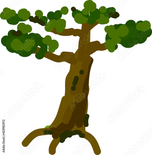 Old stylized oak tree painted with colored spots in sketch style