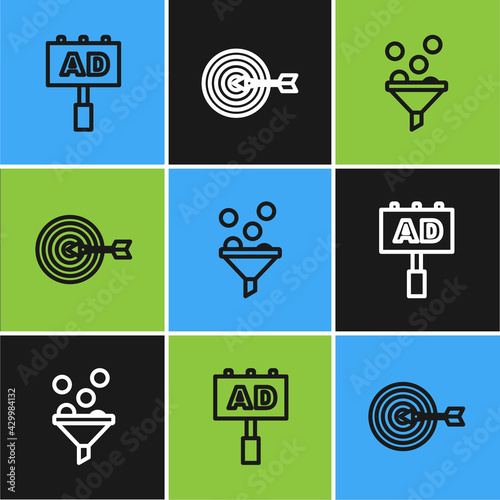 Set line Advertising, Lead management and Target icon. Vector