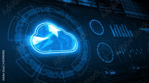 Motion graphic of Blue cloud computing with head up display ( HUD ) background and futuristic technology abstract background network security concept photo