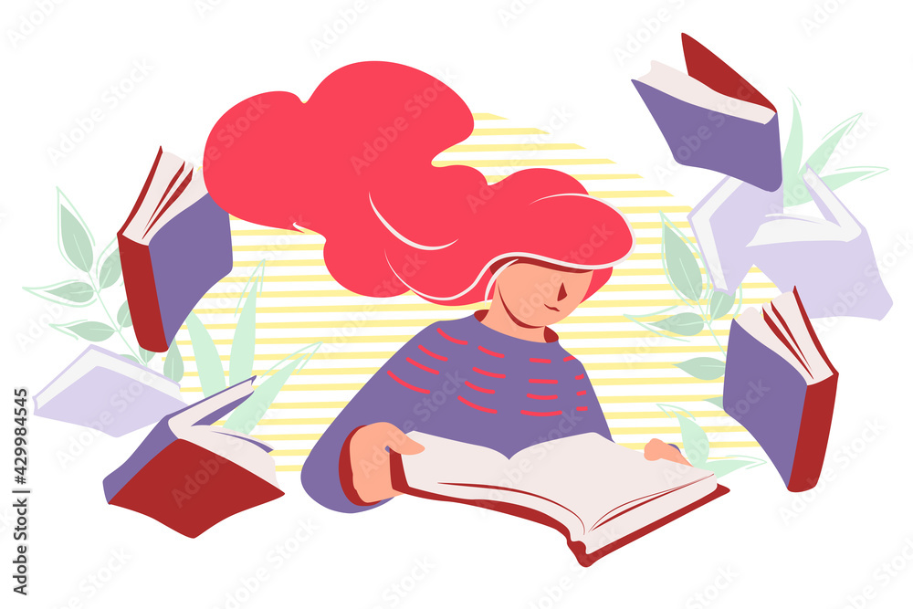 Woman read books vector flat illustration. Female student studying isolated on white background. Person book lovers and researcher. Concept of distance learning and self education clip art copy space. Woman read books vector flat illustration. Female student studying isolated on white background. Person book lovers and researcher. Concept of distance learning and self education clip art copy space.