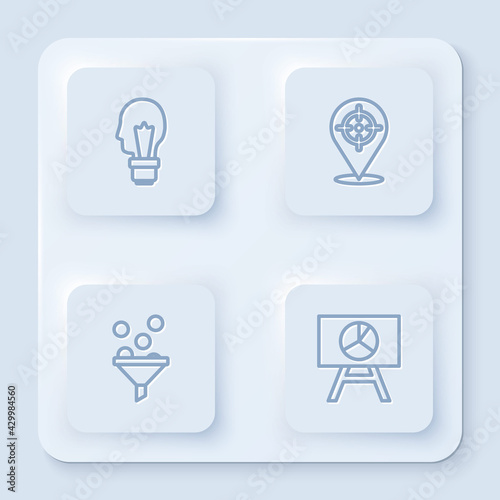 Set line Light bulb with concept of idea, Target, Lead management and Board graph chart. White square button. Vector