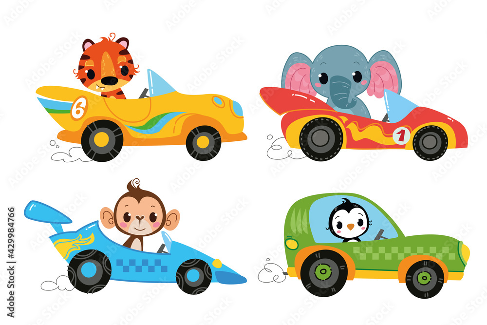 Fototapeta Vector set of clipart modern cartoon racing cars with Animal drivers. Elephant, Tiger, Monkey, Penguin. Auto kids funny and cute logo. Boys print - for clothes, cards, banners. Cartoon character fun