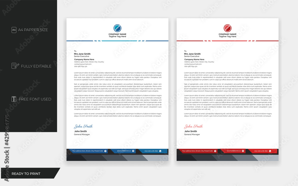 Letterhead template business. Professional business letterhead template, modern with blue and red shapes. Ready to Print.