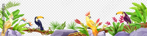 Jungle bird border, exotic tropical frame, toucan, parrot, stone, liana, banana leaves, paradise flowers, fern. Wildlife nature environment summer background. Hawaii jungle border, rainforest bushes