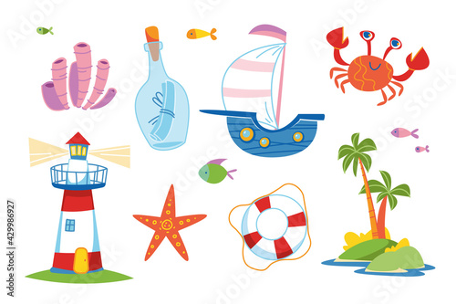 Cute colorful set of marine elements. Ship, Lighthouse, Algae, crab, Desert island, lifebuoy, bottle with a message. For decor clipart. Kids cartoon funny print. Summer travel on water cruise art