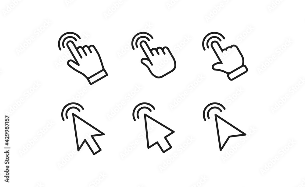 Arrow and hands click icons. Pointer vectors clicking. Arrow and hands click icons. Pointer vectors clicking.