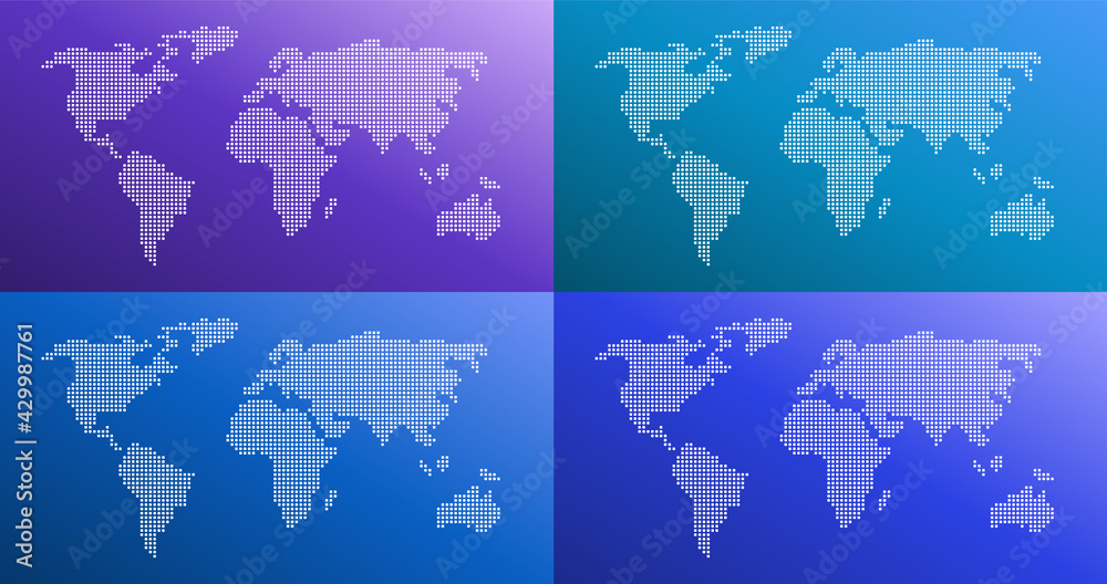 dotted world map color gradient vector illustration in four colors. purple, blue, cyan, turquoise