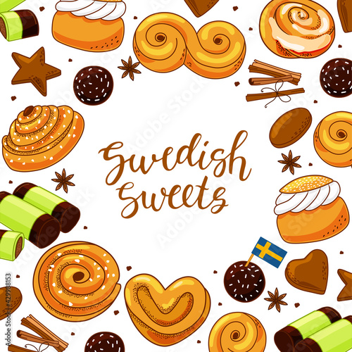 Traditional swedish sweets set. Vector illustration in the cartoon style.
