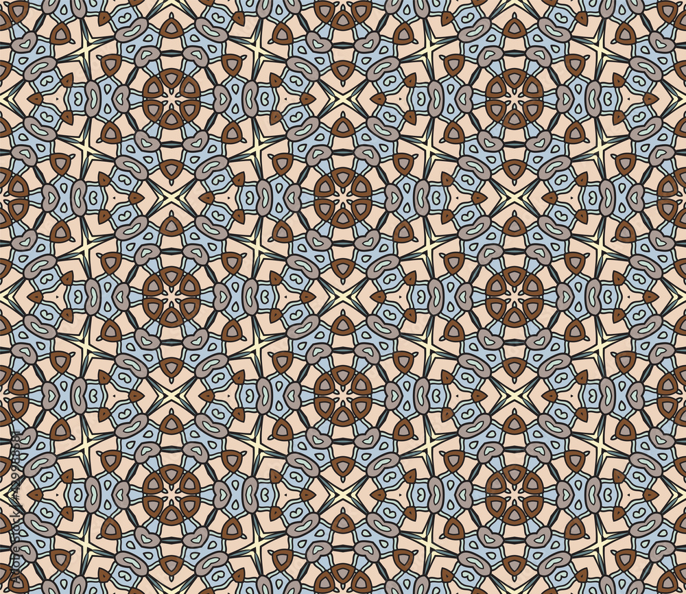 Fototapeta premium Abstract colorful doodle geometric flower seamless pattern. Floral background. Mosaic, geo tile of thin line ornament.
