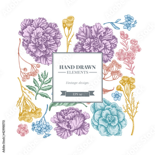 Square floral design with pastel wax flower, forget me not flower, tansy, ardisia, brassica, decorative cabbage