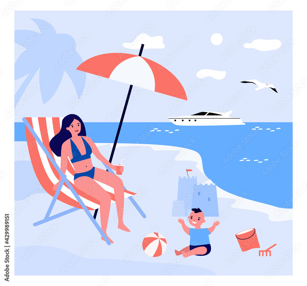 Single mother relaxing on beach with son. Woman sitting on chair, child playing with ball, sand castle flat vector illustration. Vacation, family concept for banner, website design or landing web page