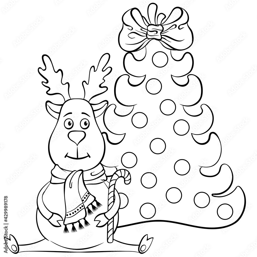 Sitting cute Christmas deer with candy staff in a scarf near the christmas tree. Animal cartoon character. Vector hand drawn illustration in line art style isolated. For coloring book page, postcards