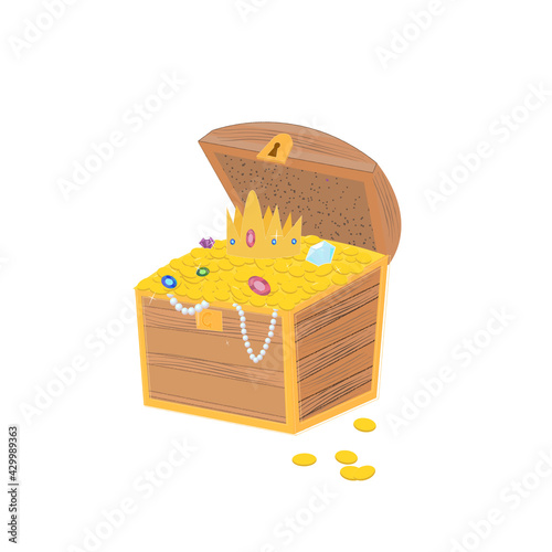 Chest with golden coins, gems, pearls and treasures isolated on white background.