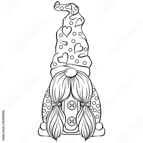 Christmas or garden scandinavian gnome in a high hat. Cute nisse or tomte cartoon character. Vector hand drawn illustration in line art style isolated. For coloring book, postcards or Christmas design